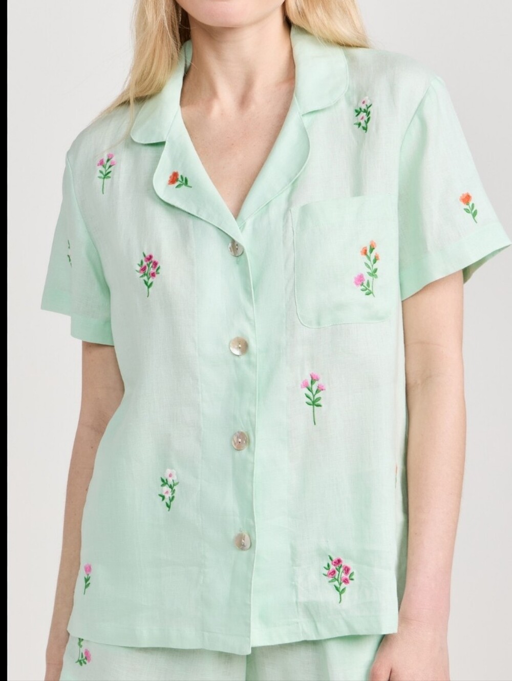 BedHead PJs Mint Green Linen Short Sleeve Embroidered Pajama Shirt Top Only L